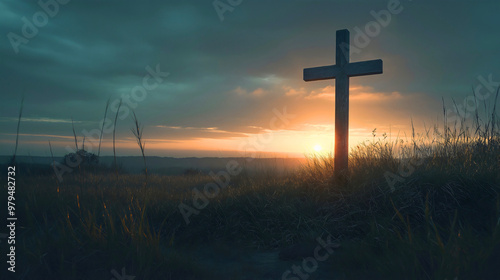 Holy cross in a beautiful field at sunset, Christianity religion and faith in God Jesus Christ, with spiritual hope, salvation and repentance forgiveness, repentance, accepting the sacrifice of Jesus