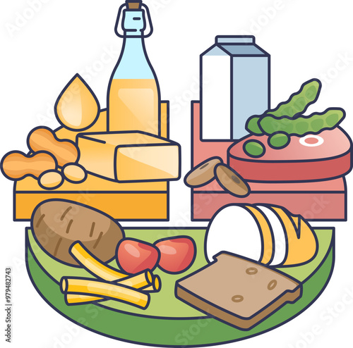 Illustration of various food items representing macronutrients: proteins, fats, and carbohydrates, ideal for a pie chart showcasing macronutrient distribution.