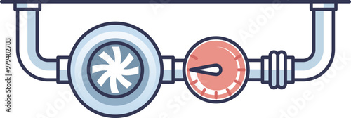Illustration of pipelines carrying hot water or steam with a turbine and pressure gauge.