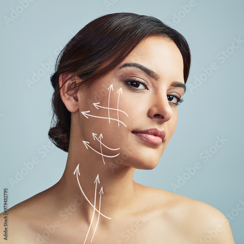 Foto Portrait, woman and skincare with arrow for plastic surgery in studio, facial treatment and beauty filler of change