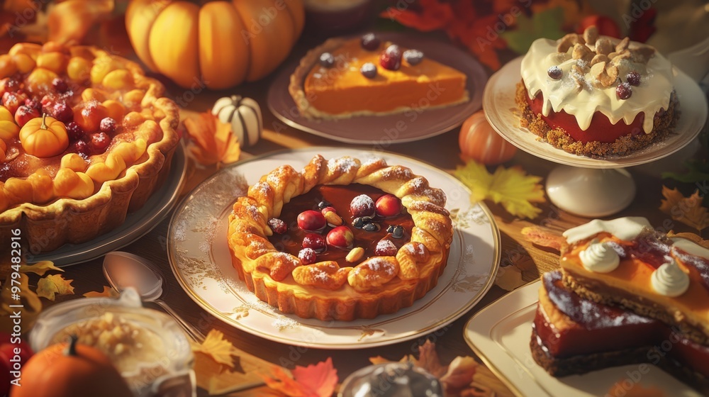 Thanksgiving Autumn-Themed Poster Featuring Richly Colored Apple Pie, Pumpkin Pie, and Sweet Potato Cake – High-Resolution Display with Festive Fall Elements Like Leaves and Pumpkins for Social Media Thanksgiving Autumn-Themed Poster Featuring Richly Colored Apple Pie, Pumpkin Pie, and Sweet Potato Cake – High-Resolution Display with Festive Fall Elements Like Leaves and Pumpkins for Social Media