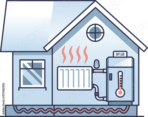 Illustration of a home heating system showing a radiator and underfloor heating pipes connected to a boiler.