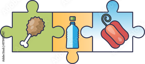 Illustration of puzzle pieces with food items: a chicken drumstick, a water bottle, and a bell pepper, symbolizing balanced nutrition.