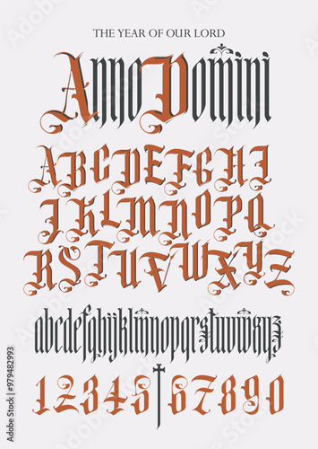 Latin phrase From the Nativity of Christ. Gothic font. Full set of capital, small letters and numbers of the English alphabet in vintage style. Medieval Latin letters. Vector calligraphy and lettering