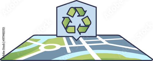 Illustration of a map with a recycling symbol, representing routes to and from waste facilities.