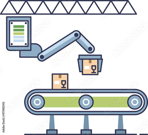 A robotic arm above a conveyor belt with cardboard boxes, symbolizing automation in packaging and logistics.