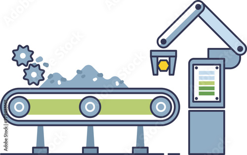 A robotic arm sorts crushed material on a conveyor belt, symbolizing automation in material handling.