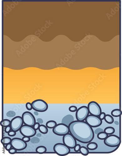 Illustration of rock formations and layers showing sedimentary layers and rocks.