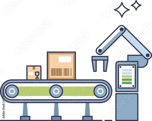 A robotic arm operates on a conveyor belt with cardboard boxes, symbolizing automation in packaging and logistics.