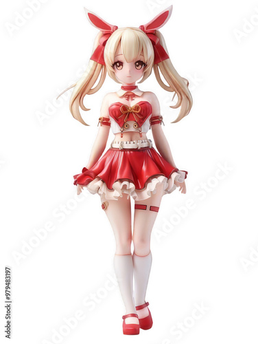 Cute Anime Girl with Bunny Ears in Red Cosplay Dress On transparent Background