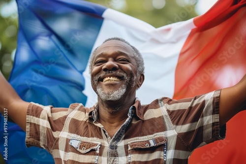 Immigrant Impact on French Welfare System Under Scrutiny.  Cheerful nigerian man affectionately holds french flag celebration. Image signifies harmonious blending of two cultures joyful photo