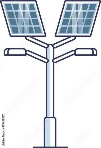 Illustration of a solar-powered street light with dual solar panels and LED lights, symbolizing renewable energy and sustainable urban lighting.