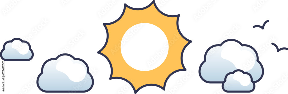 Illustration of a bright sun, fluffy clouds, and flying birds symbolizing a sunny day with clear skies. Illustration of a bright sun, fluffy clouds, and flying birds symbolizing a sunny day with clear skies.