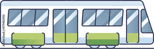 Illustration of a modern tramcar side view with large windows and green accents, symbolizing urban public transportation.