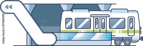 Side view of an underground metro station with an escalator and a train.