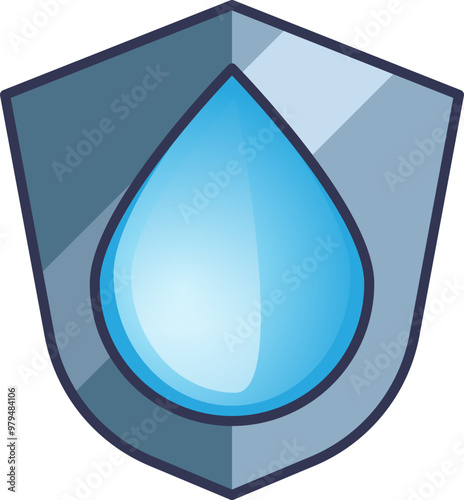 A blue water drop is centered on a shield, symbolizing protection and purity.