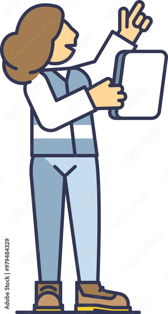 Illustration of a woman in boots and safety vest holding a computer tablet and pointing her finger, symbolizing direction and technology in construction or industrial settings. Illustration of a woman in boots and safety vest holding a computer tablet and pointing her finger, symbolizing direction and technology in construction or industrial settings.