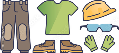 Illustration of essential work gear including trousers, t-shirt, boots, gloves, safety glasses, and safety helmet.