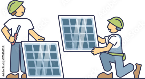 Two workers installing solar panels, one holding a screwdriver and the other positioning a panel, symbolizing teamwork and renewable energy.