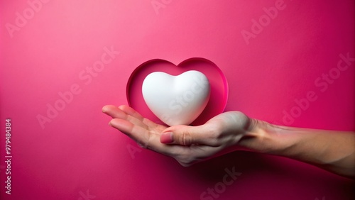 A delicate white heart emerges from a smooth round hole, gently cradled in a masculine hand, set against a vibrant pink background, conveying love and tenderness.