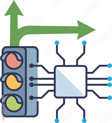 Illustration of an adaptive traffic signal system with a traffic light and interconnected nodes representing smart technology.