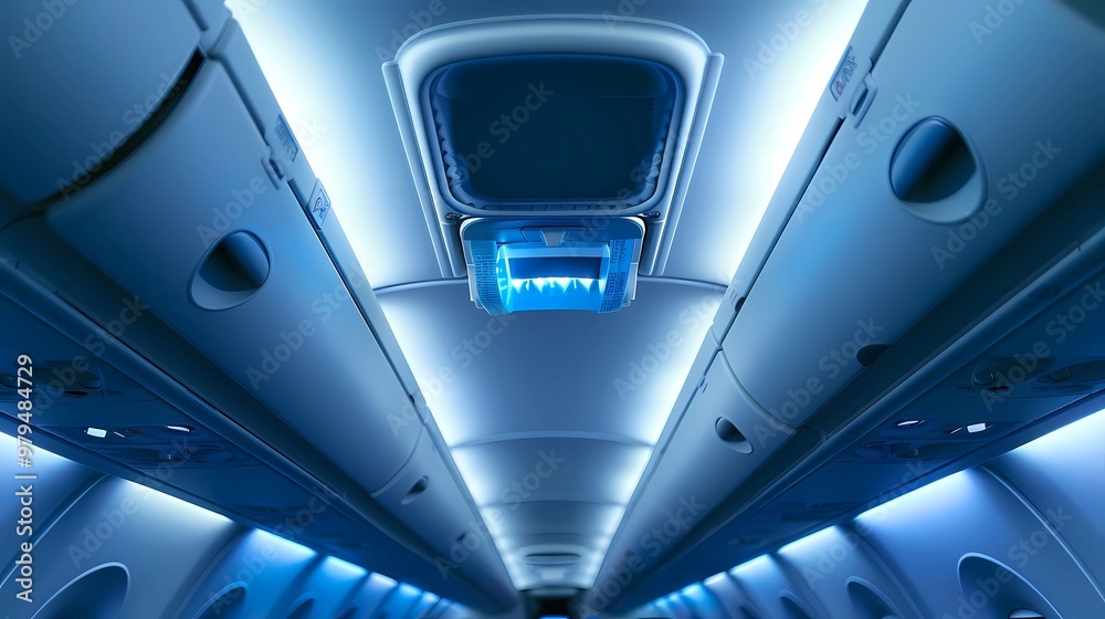 An oxygen mask drop from the ceiling compartment on airplane, Generative AI illustrations. An oxygen mask drop from the ceiling compartment on airplane, Generative AI illustrations.