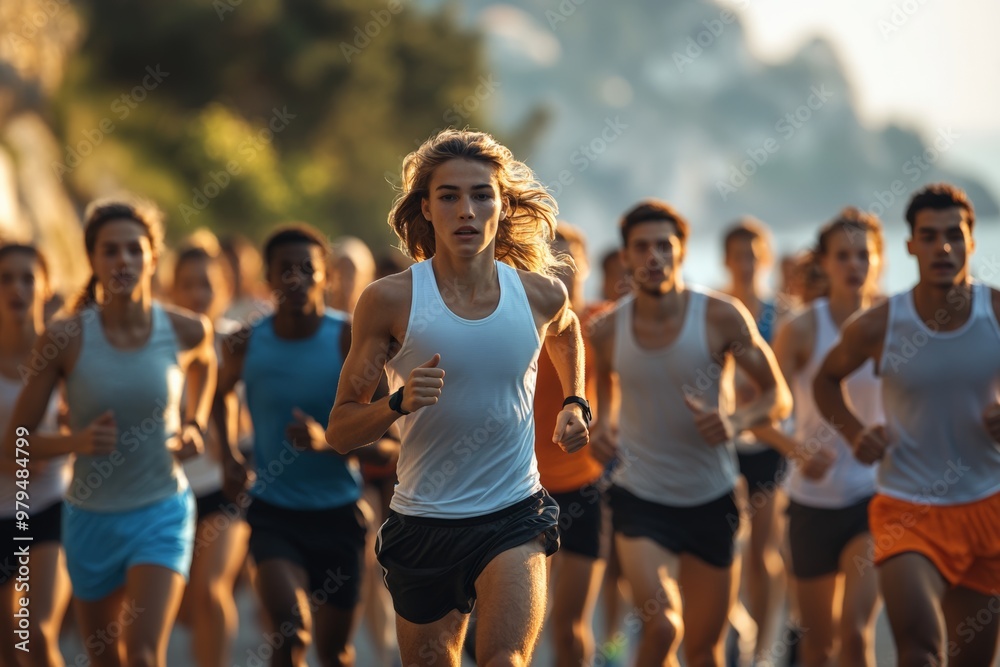 Obraz premium A dynamic scene of a group of runners in action during a marathon, showcasing diversity, energy, and determination against a beautiful backdrop of trees and morning sunlight.