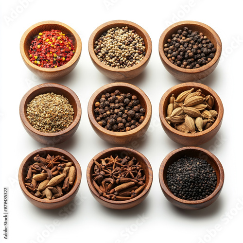 A collection of spices in wooden bowls arranged in a row on a white background.