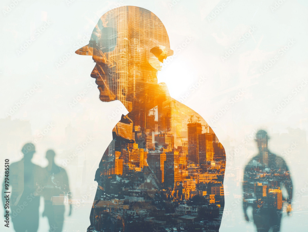 A man wearing a hard hat stands in front of a city skyline A man wearing a hard hat stands in front of a city skyline