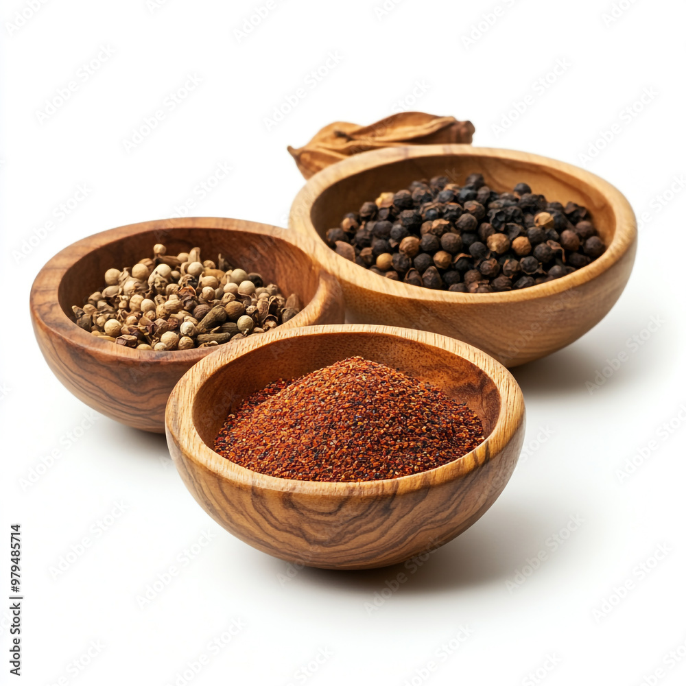 A collection of spices in wooden bowls arranged in a row on a white background. A collection of spices in wooden bowls arranged in a row on a white background.