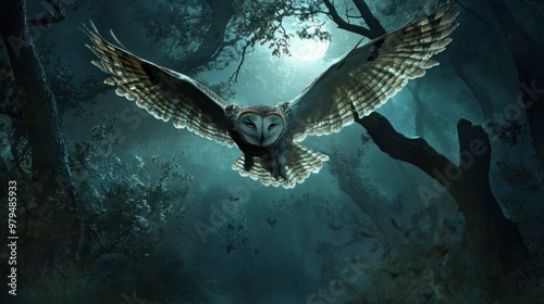 An owl flying through a dense forest at night, wings outstretched, bathed in moonlight. photo