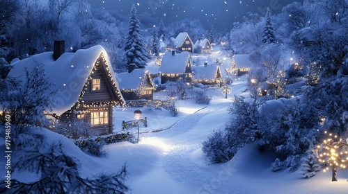 A serene winter village at night, snow-covered houses and trees decorated with festive lights, in soft blue and white tones.