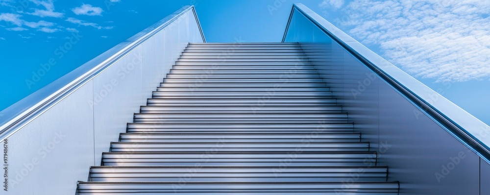 Obraz premium A modern staircase ascends towards a clear blue sky, symbolizing progress and aspiration in a sleek architectural design.