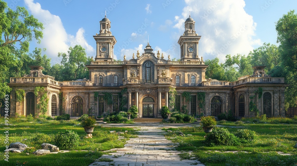 Fototapeta premium An ornate, overgrown mansion surrounded by lush greenery.