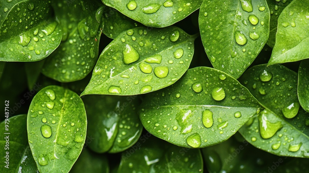 Water Droplets On Lush Green Leaves Water Droplets On Lush Green Leaves