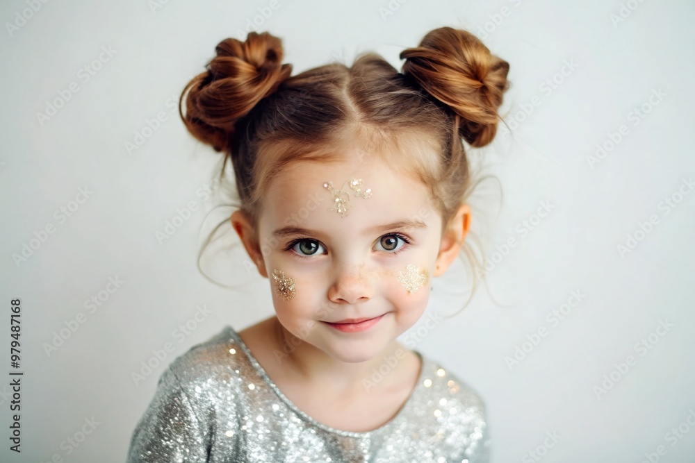 Adorable little girl with sweet expression and hair styled in buns, sparkles on her face, posing on a clean white studio background with innocence. Adorable little girl with sweet expression and hair styled in buns, sparkles on her face, posing on a clean white studio background with innocence.