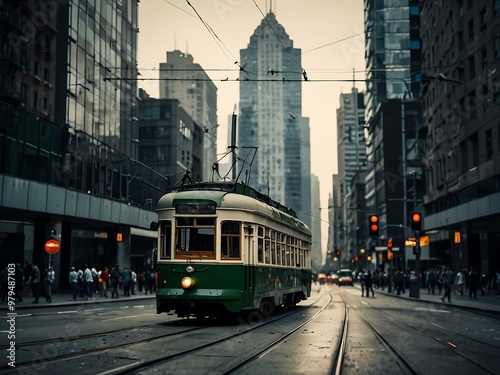 Abstract cityscape with skyscrapers and a tram.