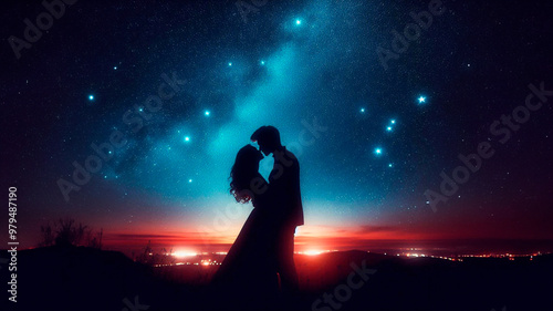 Silhouette of a couple kissing in an intimate setting under a bright starry sky. Unlimited love