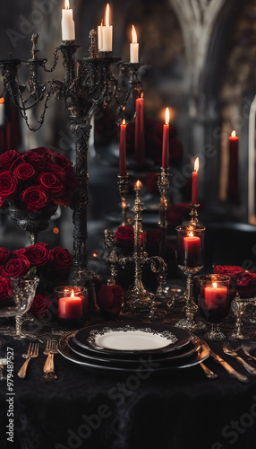 A sumptuous gothic-style banquet setting with lit red candles, a bouquet of red roses, and elegant dinnerware on a dark tablecloth.

 photo