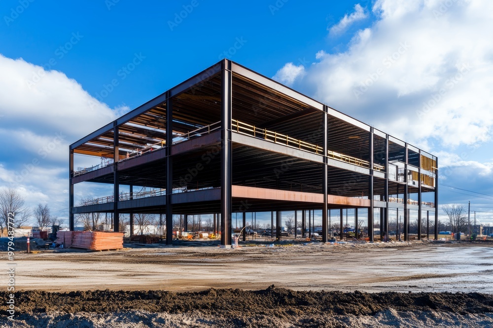 Steel frame commercial building under construction to support local business growth in urban area Steel frame commercial building under construction to support local business growth in urban area