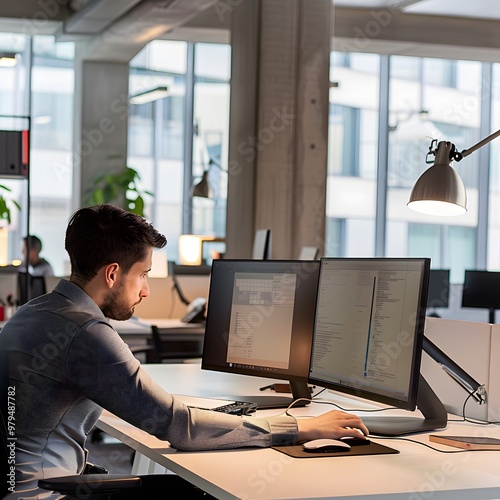 Focused Employee Working on Desktop Computer in a Modern Professional Office with Clean Lines and Neutral Colors