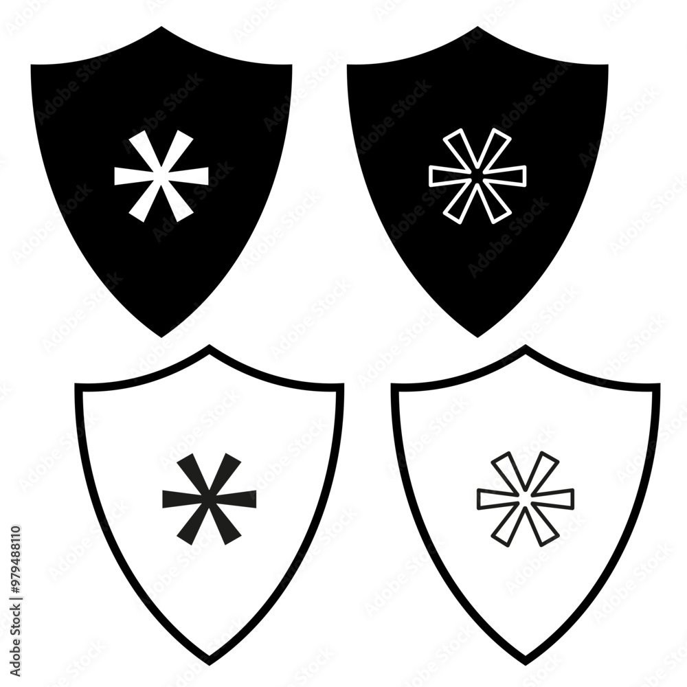 Shield with star icon. Security emblem design. Protective badge graphic. Vector symbol. Shield with star icon. Security emblem design. Protective badge graphic. Vector symbol.