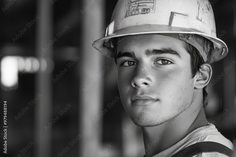 Portrait of a young construction worker wearing a hard hat on a busy job site during the day Portrait of a young construction worker wearing a hard hat on a busy job site during the day
