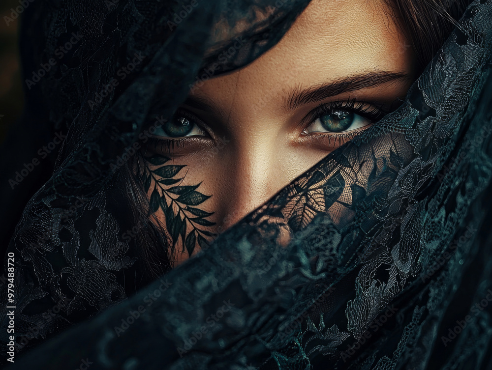A woman with blue eyes is wearing a black veil. The veil is covering her face, and the woman's eyes are visible through the veil. Concept of mystery and intrigue A woman with blue eyes is wearing a black veil. The veil is covering her face, and the woman's eyes are visible through the veil. Concept of mystery and intrigue