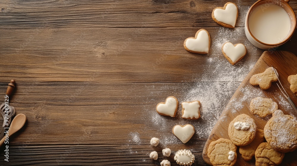 Delicious heart shaped cookies are decorated and waiting on a rustic wooden table Delicious heart shaped cookies are decorated and waiting on a rustic wooden table
