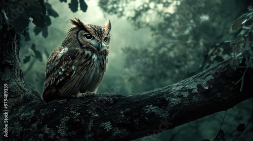 An owl sitting on a weathered tree branch in a dense forest, its eyes glowing with deep understanding. photo