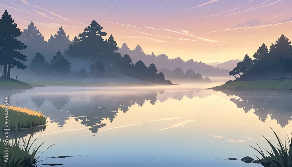 Fototapeta premium Serene lake landscape with misty reflections and pine trees at dawn in soft colors 
