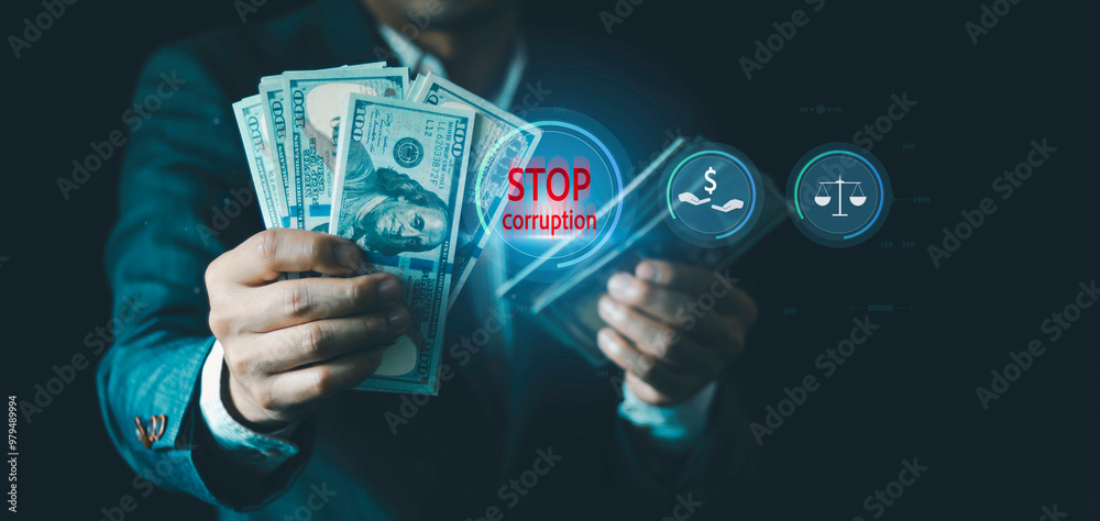 Fototapeta premium Anti bribery and corruption concept, Businessman refusing and don't receive money banknote offer from people to accept agreement contract of investment deal, Illegal corrupt activity