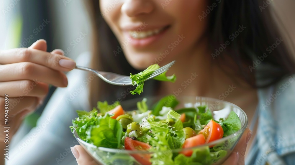 Woman joyfully eats fresh vegetable salad from a glass bowl. Vibrant greens and red tomatoes in focus, against a blue backdrop, exuding freshness and vitality. Woman joyfully eats fresh vegetable salad from a glass bowl. Vibrant greens and red tomatoes in focus, against a blue backdrop, exuding freshness and vitality.
