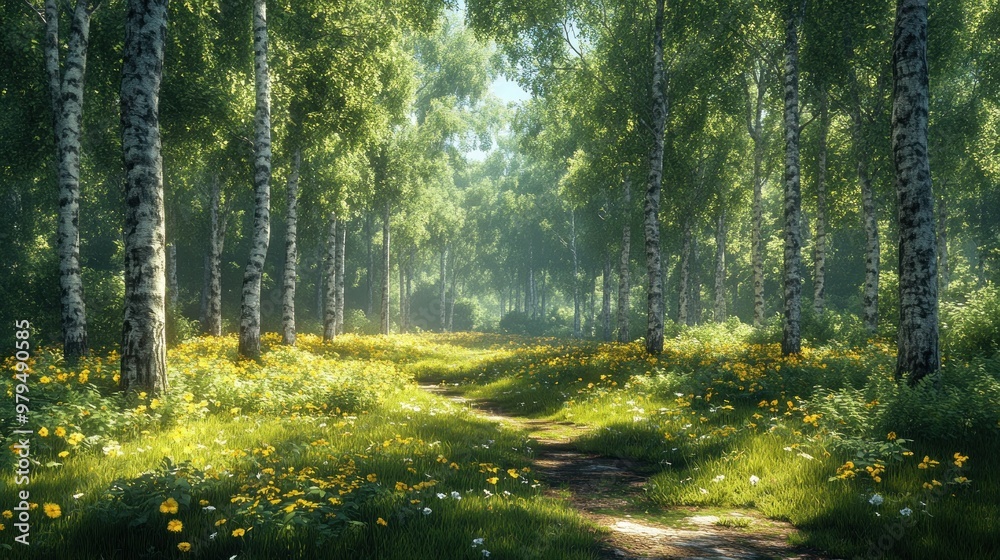 Obraz premium Lush forest path with vibrant flowers and sunlight filtering through trees.